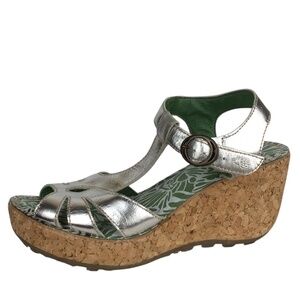 Fly London Metallic Silver Cork Wedge Sandals